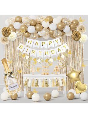 Elegant White Gold Birthday Party Decor Kit with Butterfly Stickers for Women